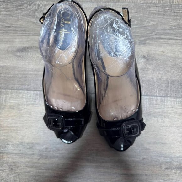 Cole Haan Black Patent Leather Slingback Peep Toe Heels Women's Size 7 - Picture 2 of 7